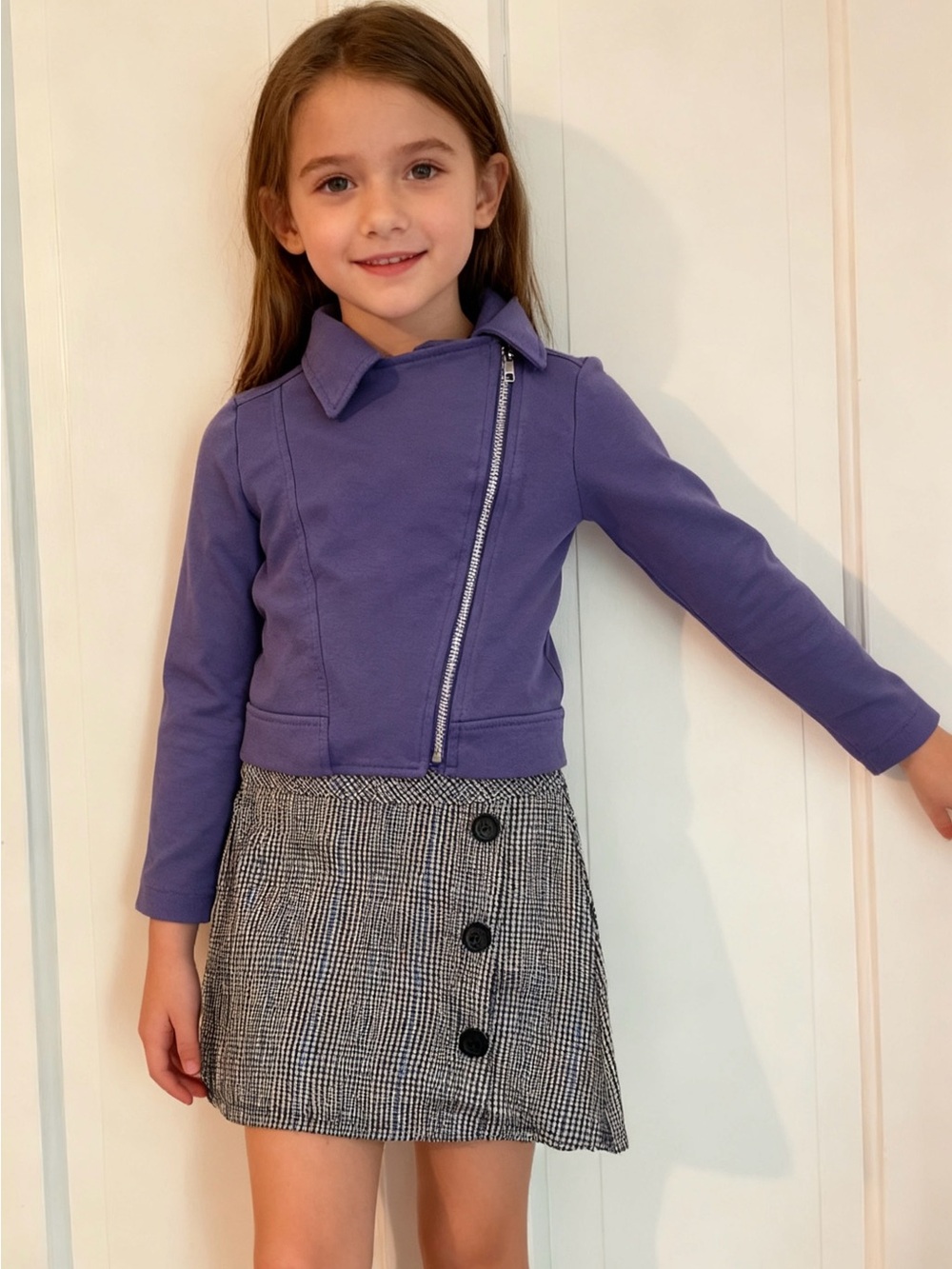 wonder nation Purple Moto Jacket with Black-and-White Plaid Skirt Size 4/5 Years